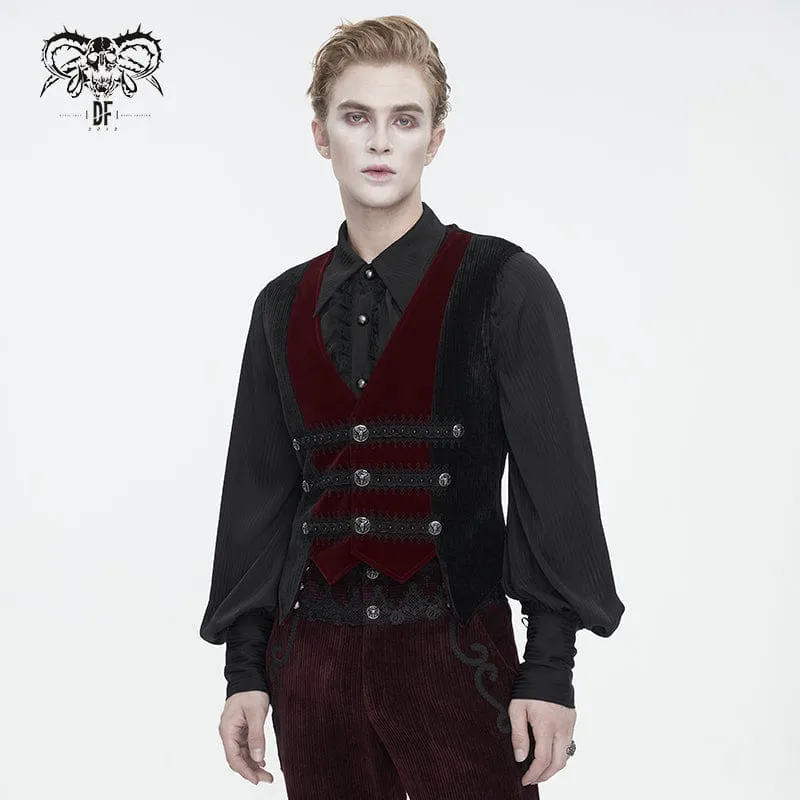 Men's Gothic Irregular Velvet Splice Corduroy Waistcoat Red