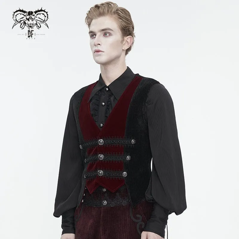 Men's Gothic Irregular Velvet Splice Corduroy Waistcoat Red