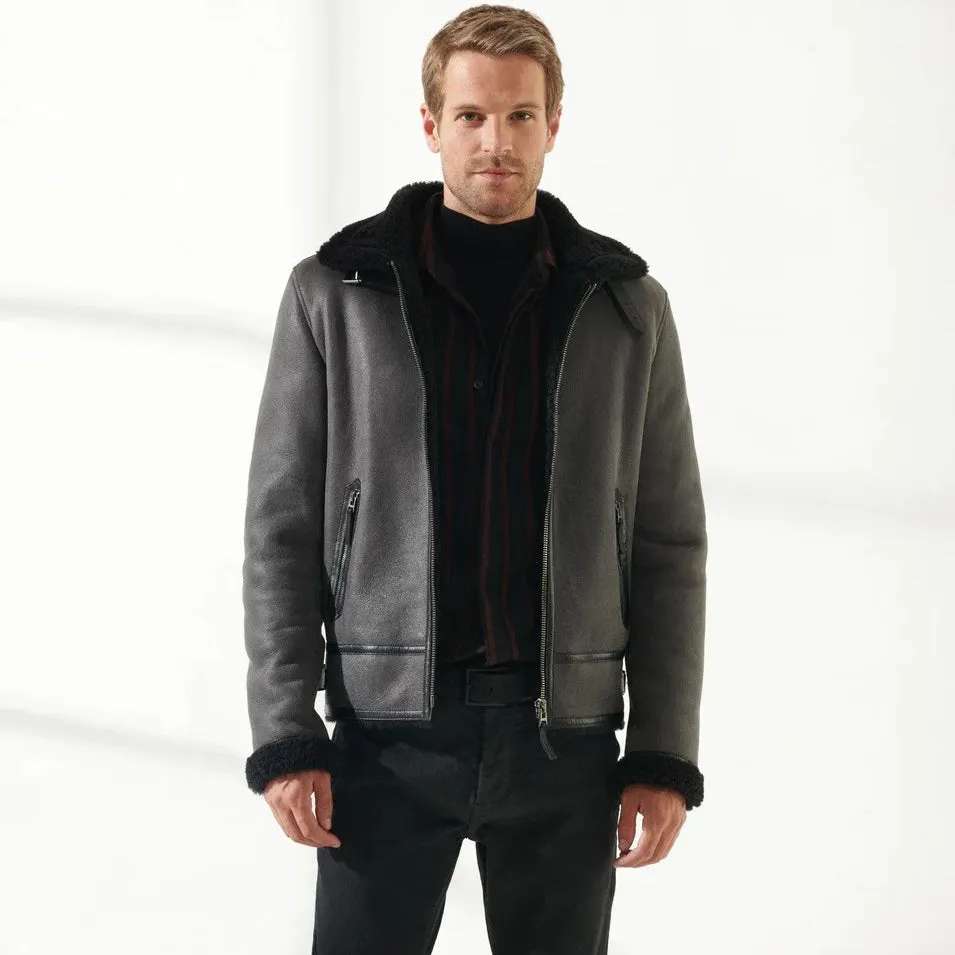 Men's Grey Aviator Shearling Jacket