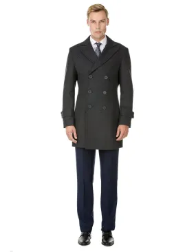 Mens Modern Double Breasted Wool Pea Coat in Charcoal Grey