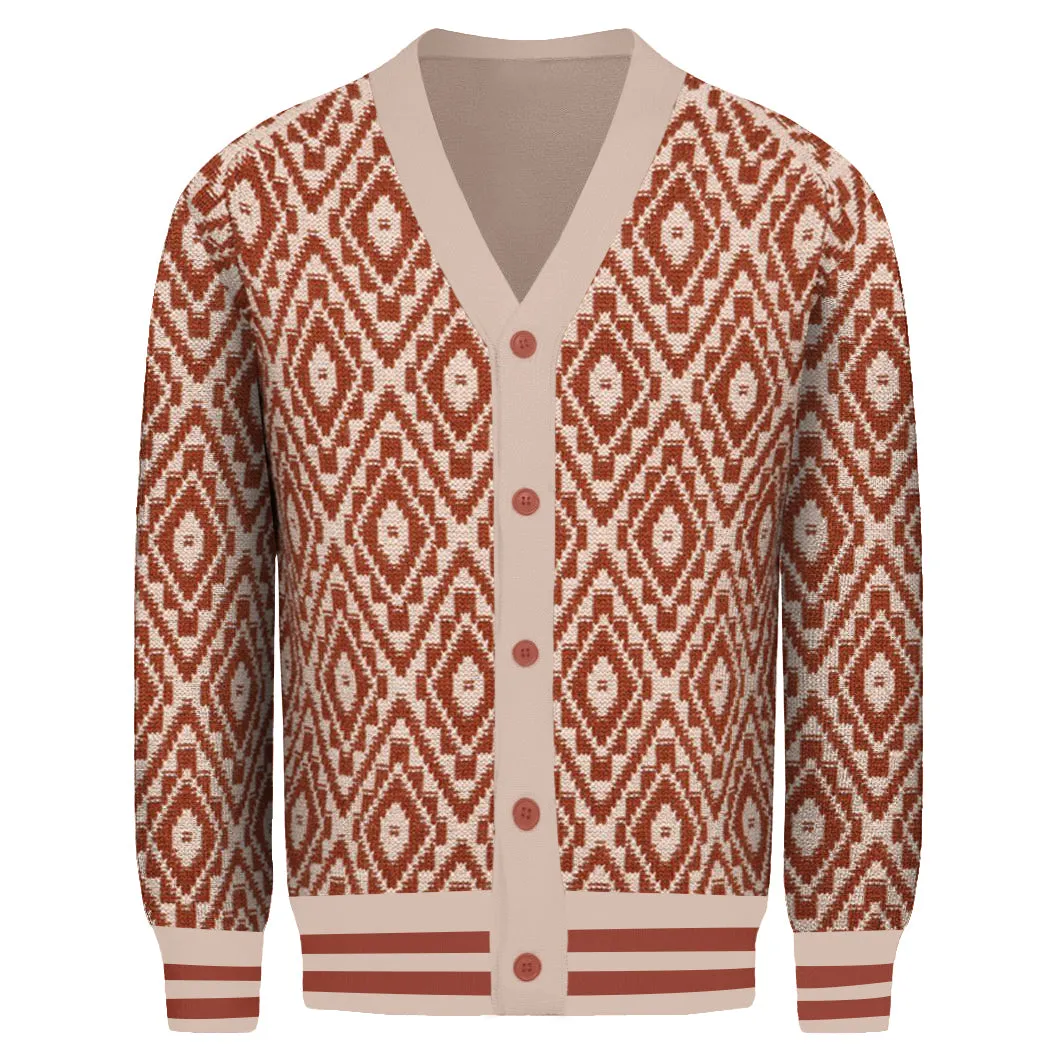 Men's red vintage jacquard knit cardigan sweater