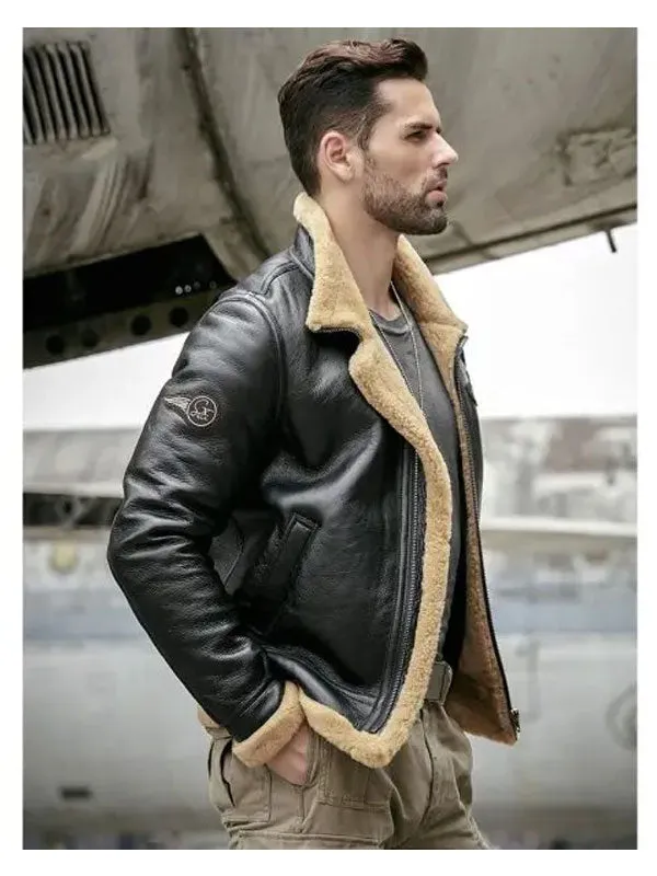 Mens Sheepskin Motorcycle Shearling Leather Bomber Jacket