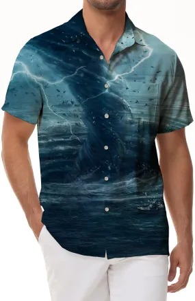 Men's Tornado Printed Pattern Short Sleeve Lapel New Beach Casual Shirt Summer Fashion Button Casual Vacation Seaside Shirt Light Blue