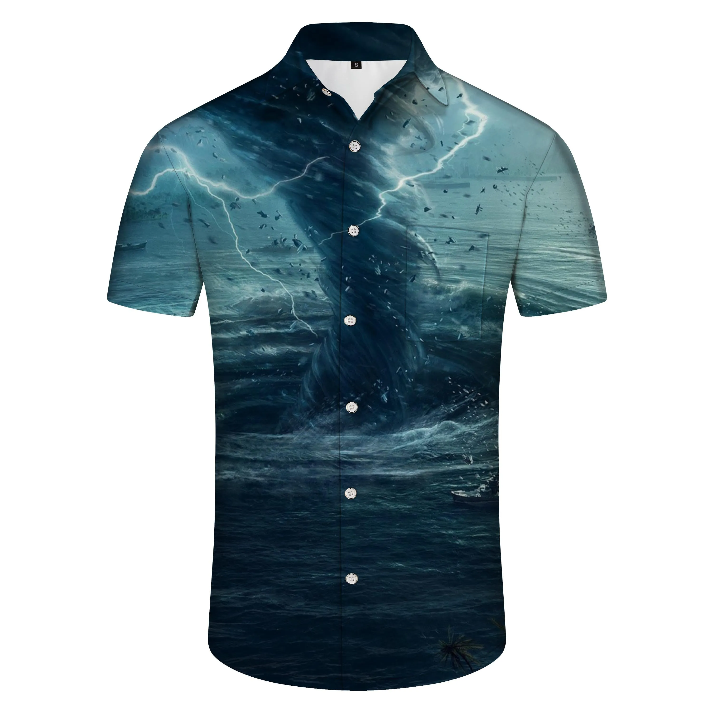 Men's Tornado Printed Pattern Short Sleeve Lapel New Beach Casual Shirt Summer Fashion Button Casual Vacation Seaside Shirt Light Blue