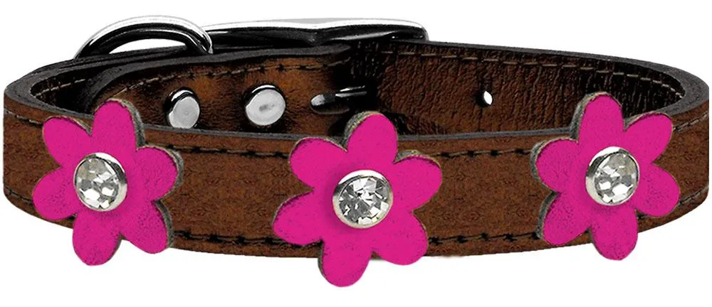 Metallic Flower Leather Collar Bronze With Metallic Pink Flowers Size 12