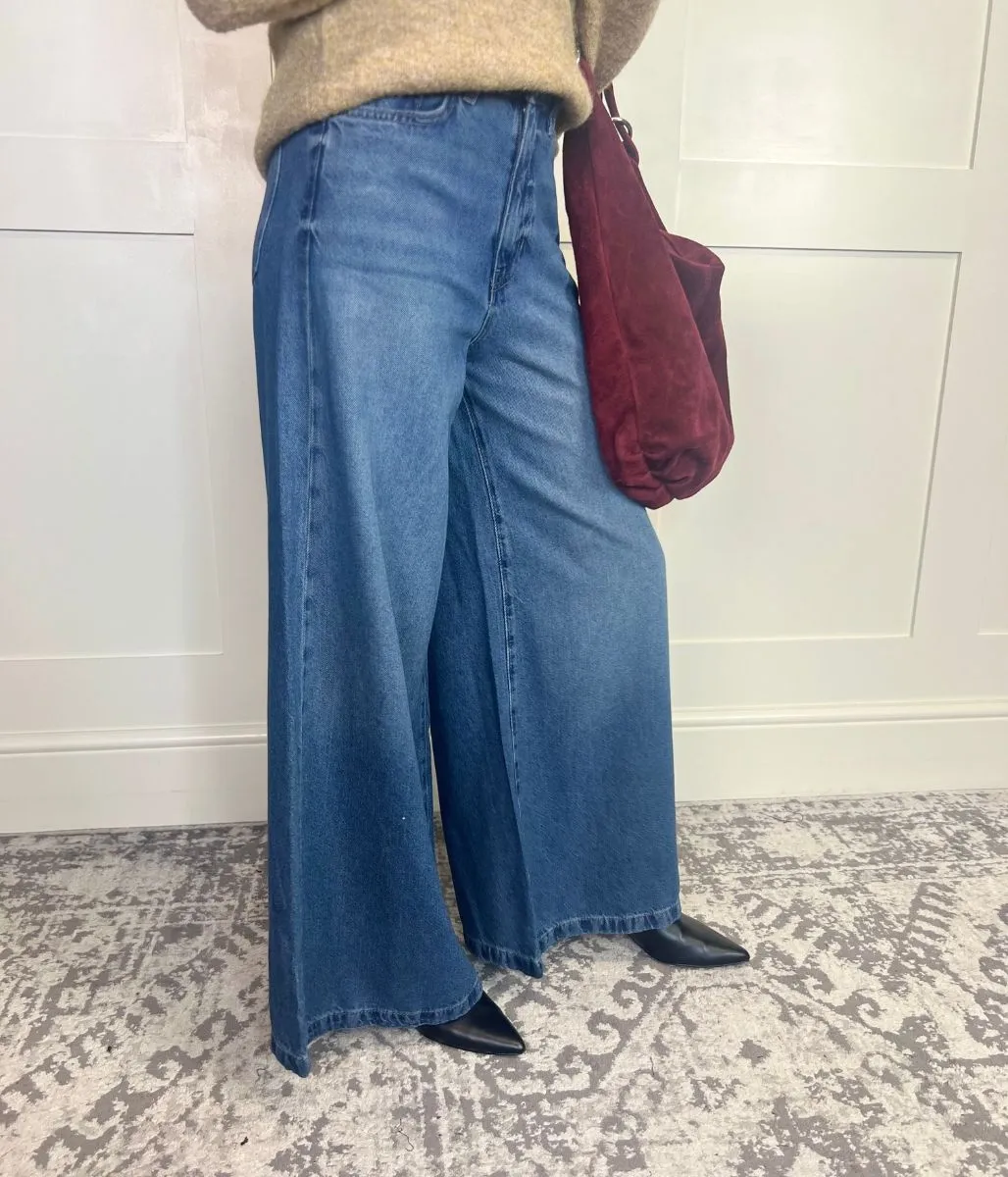 Mid Blue Lyocell Blend Palazzo Leg Jeans