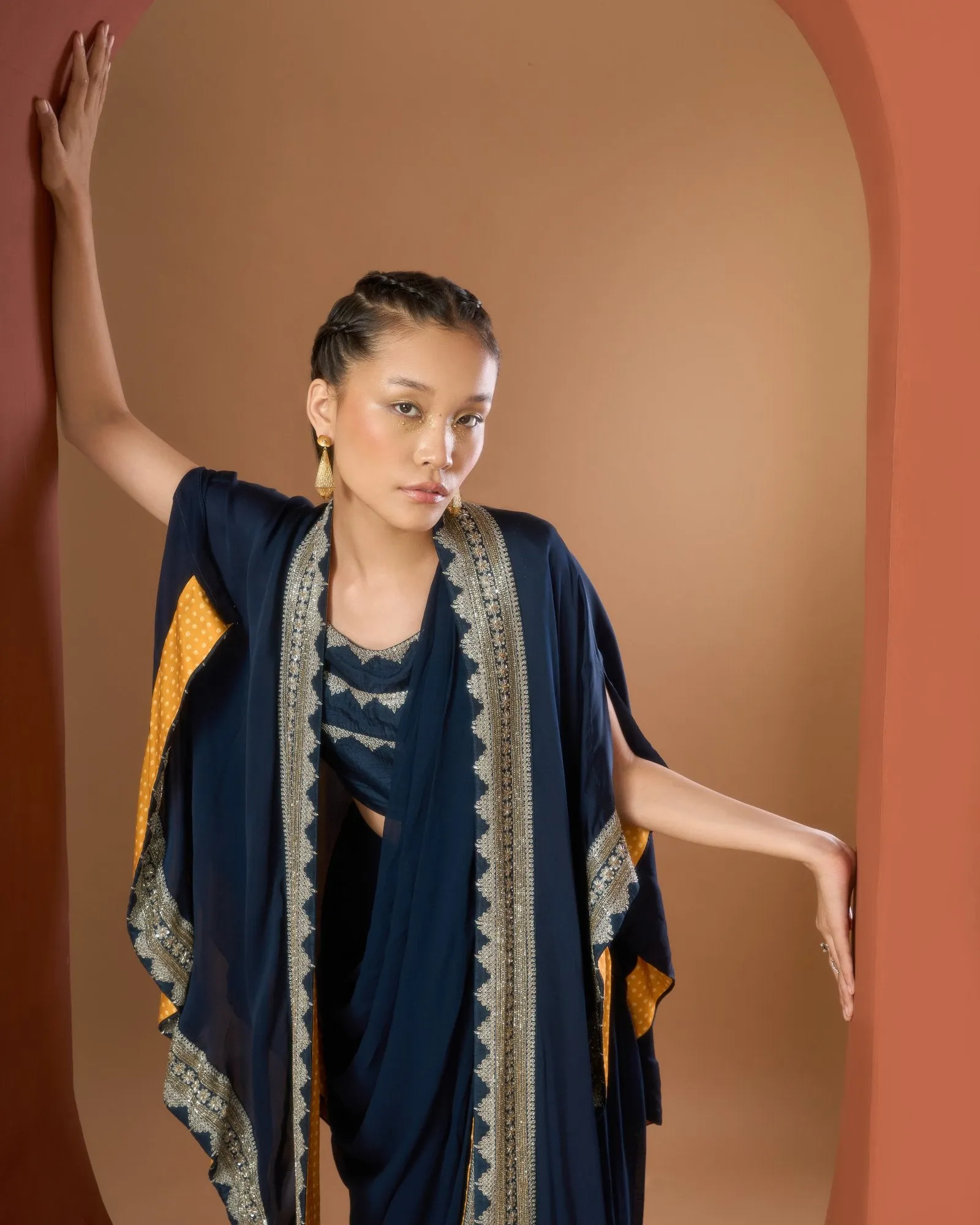 Midnight Blue Draped Saree with Cape