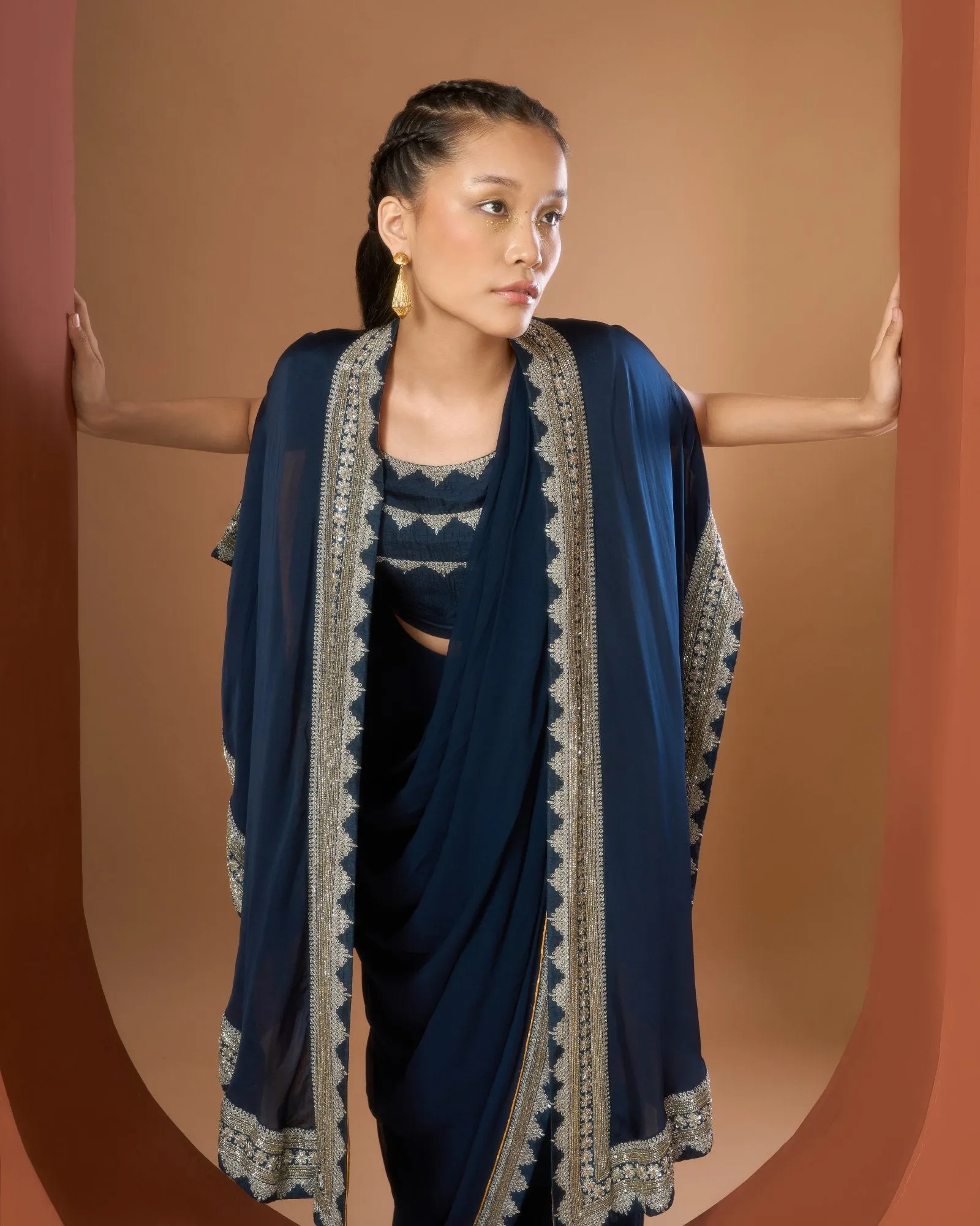 Midnight Blue Draped Saree with Cape