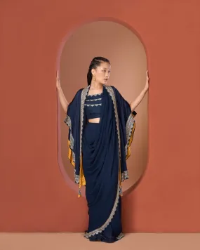 Midnight Blue Draped Saree with Cape