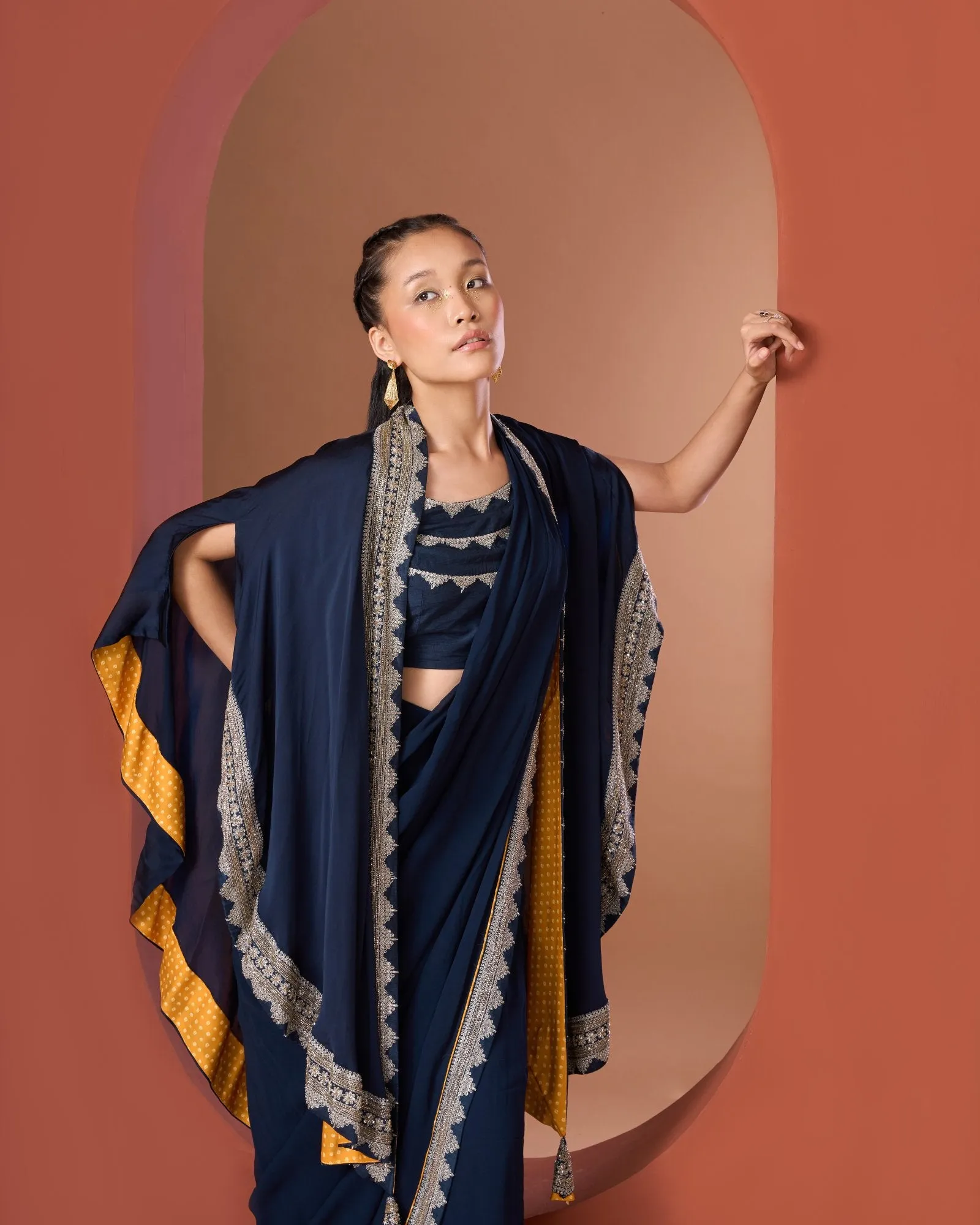 Midnight Blue Draped Saree with Cape