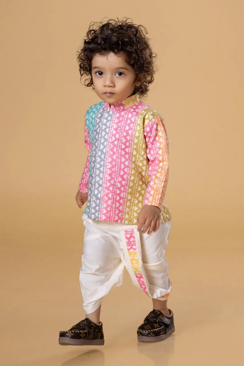 Mini Stitch Sequin embellished Cotton Muslin Kurta and Dhoti Set for Infant Boys - Multicolour