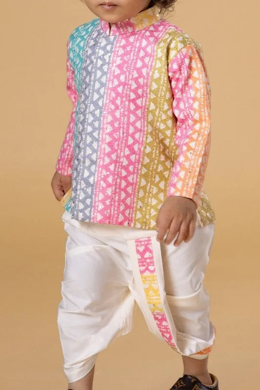 Mini Stitch Sequin embellished Cotton Muslin Kurta and Dhoti Set for Infant Boys - Multicolour