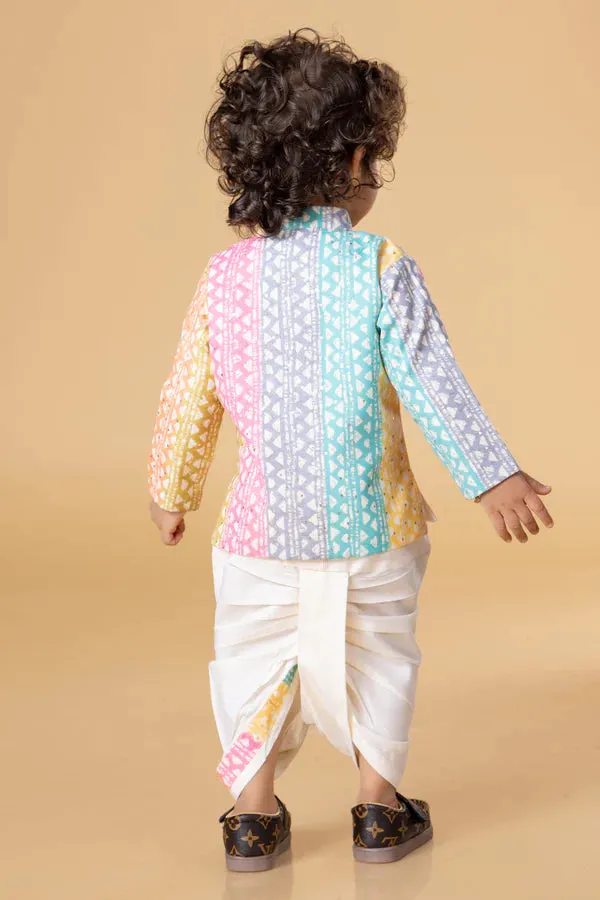 Mini Stitch Sequin embellished Cotton Muslin Kurta and Dhoti Set for Infant Boys - Multicolour