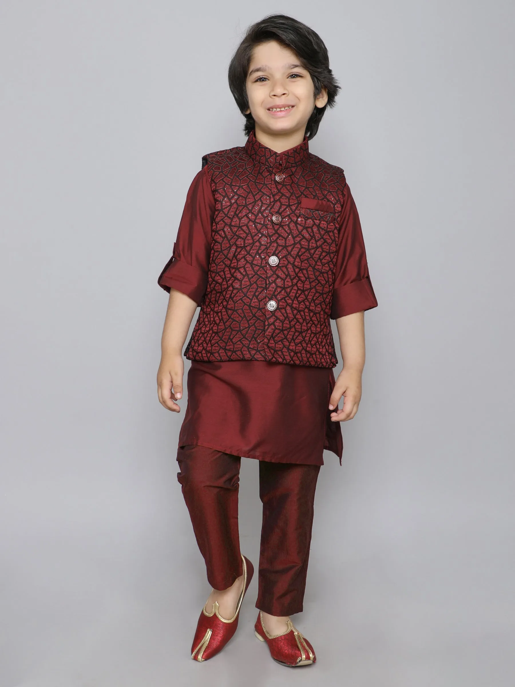 Ministitch Kurta set with woven jaquard button up jacket- Maroon