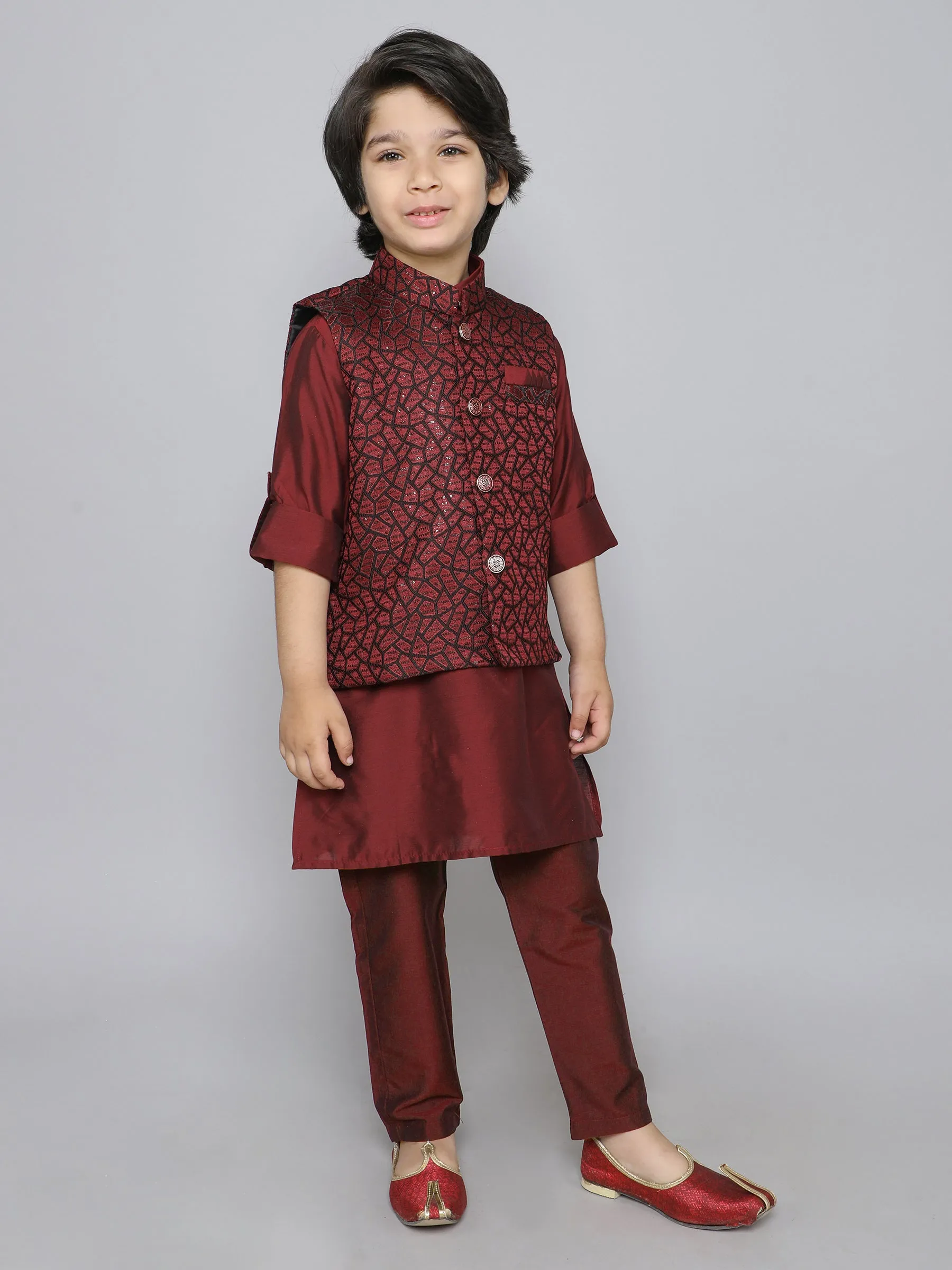 Ministitch Kurta set with woven jaquard button up jacket- Maroon