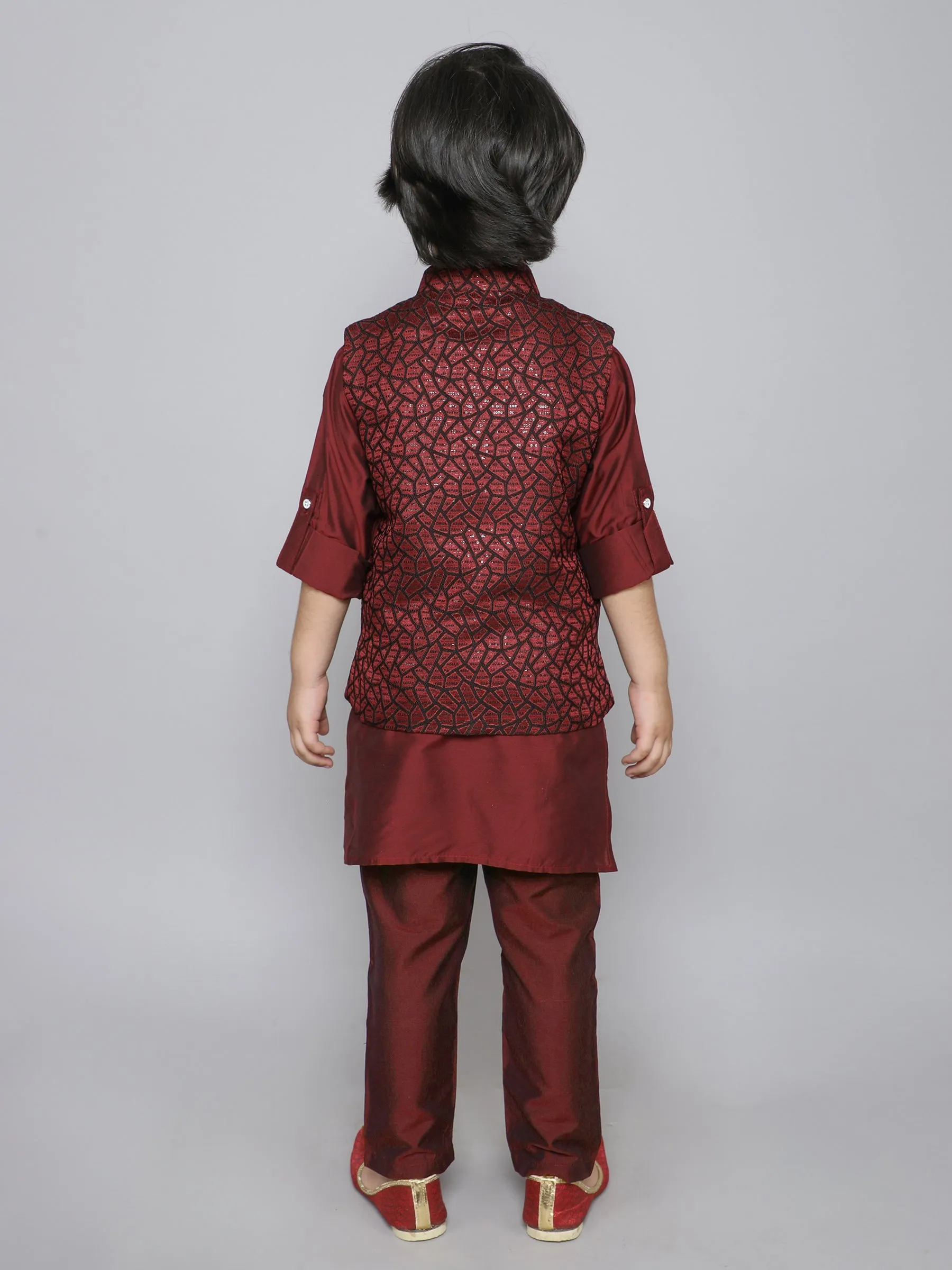 Ministitch Kurta set with woven jaquard button up jacket- Maroon