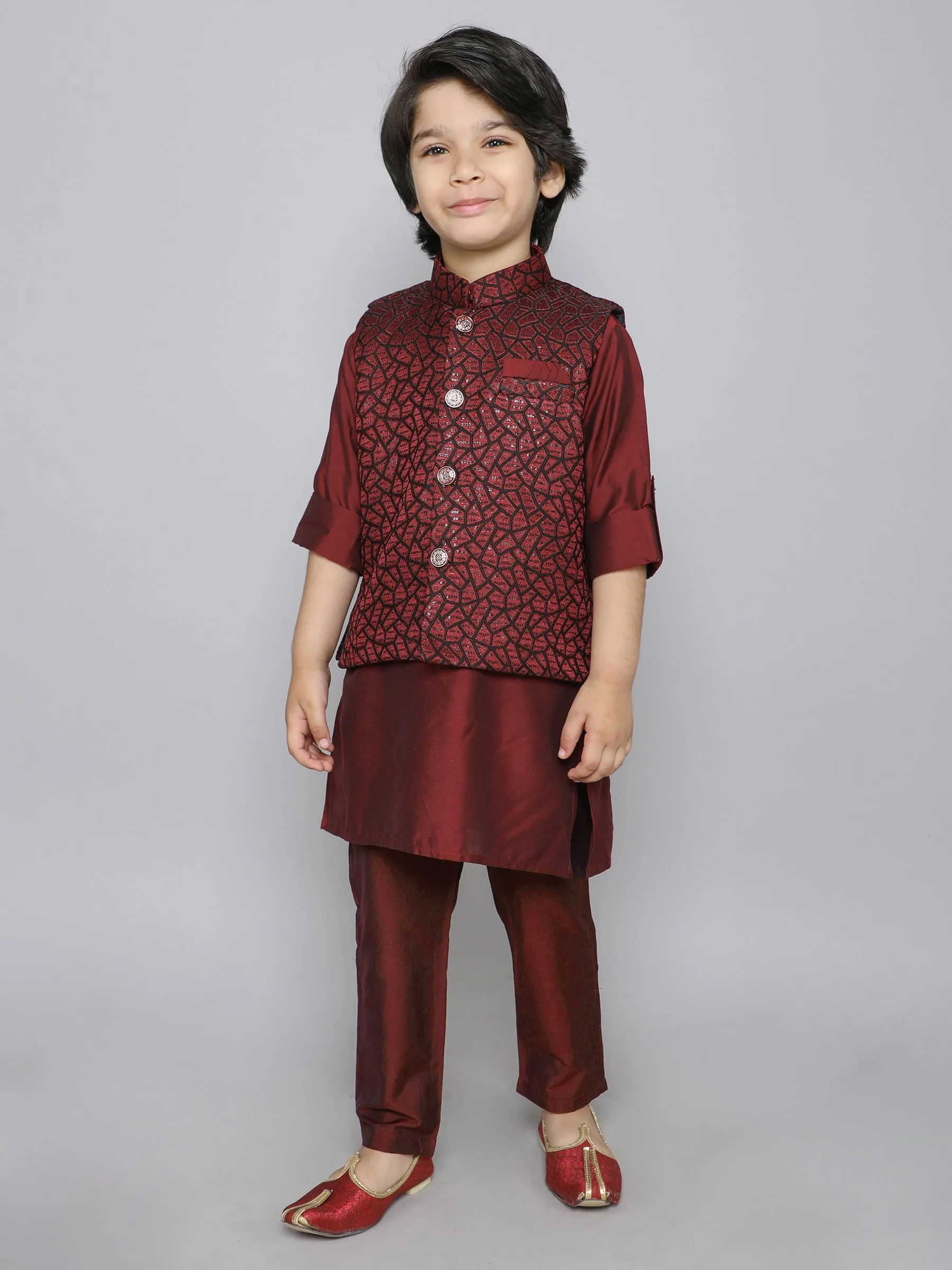 Ministitch Kurta set with woven jaquard button up jacket- Maroon