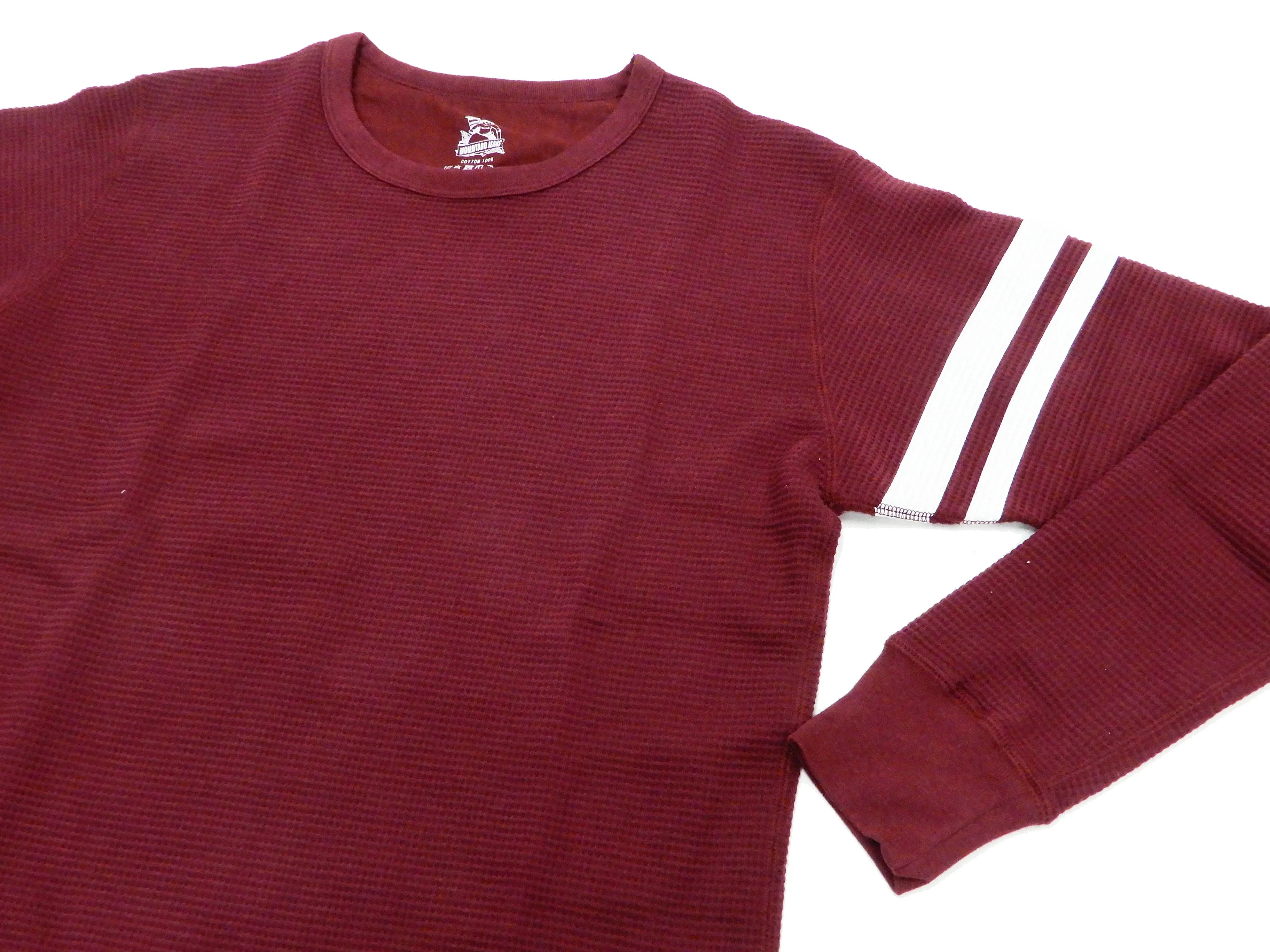 Momotaro Jeans Waffle Shirt Men's Long Sleeve Waffle-Knit Thermal T-Shirt with Stripe MZTS0079 Burgundy