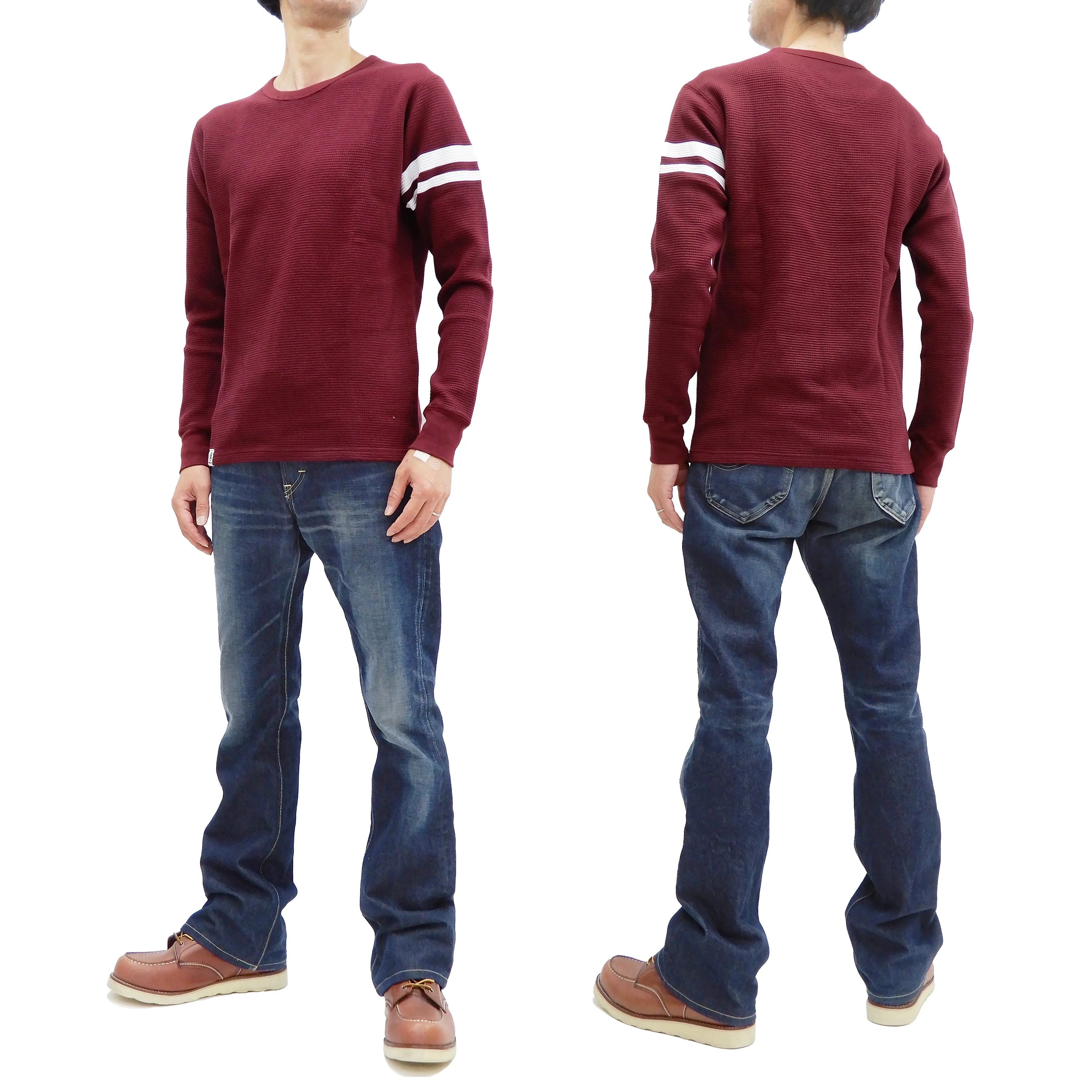 Momotaro Jeans Waffle Shirt Men's Long Sleeve Waffle-Knit Thermal T-Shirt with Stripe MZTS0079 Burgundy