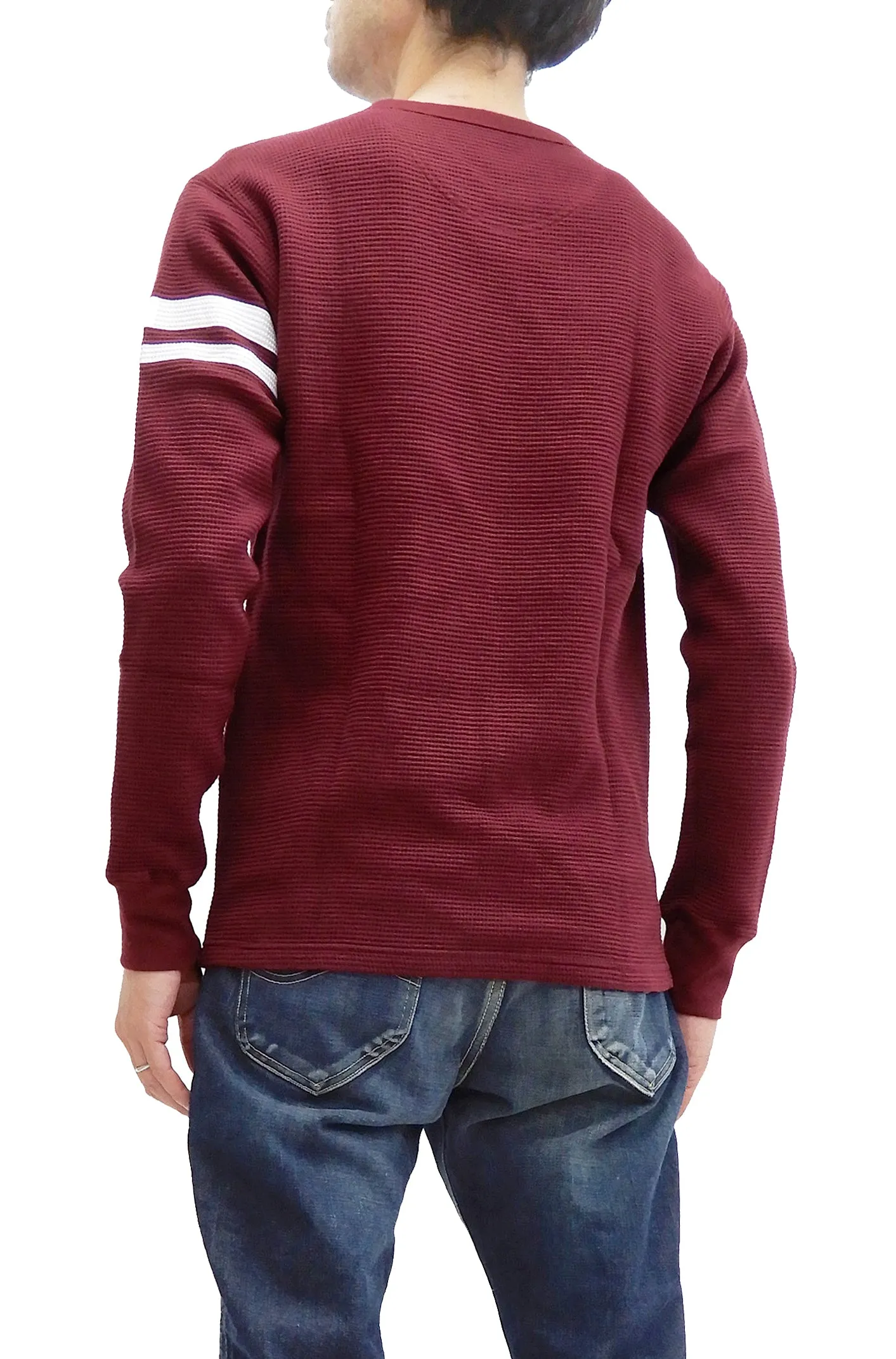 Momotaro Jeans Waffle Shirt Men's Long Sleeve Waffle-Knit Thermal T-Shirt with Stripe MZTS0079 Burgundy