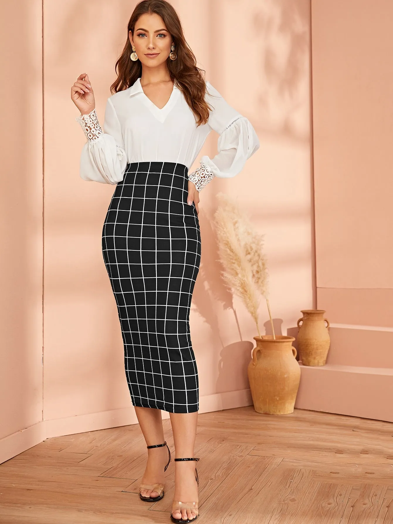 Mulvari Grid Pencil Skirt