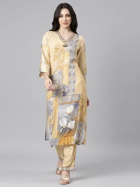 Neerus Yellow Panelled Straight Kurta and Trousers