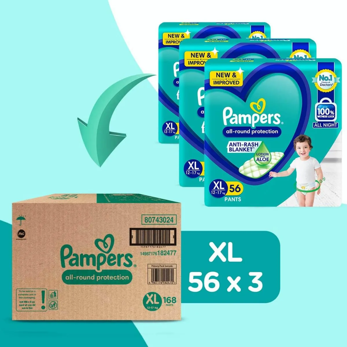 Pampers All round Protection Pants Style Baby Diapers, X-Large (XL) Size, 168 Count, Anti Rash Blanket, Lotion with Aloe Vera, 12-17kg Diapers