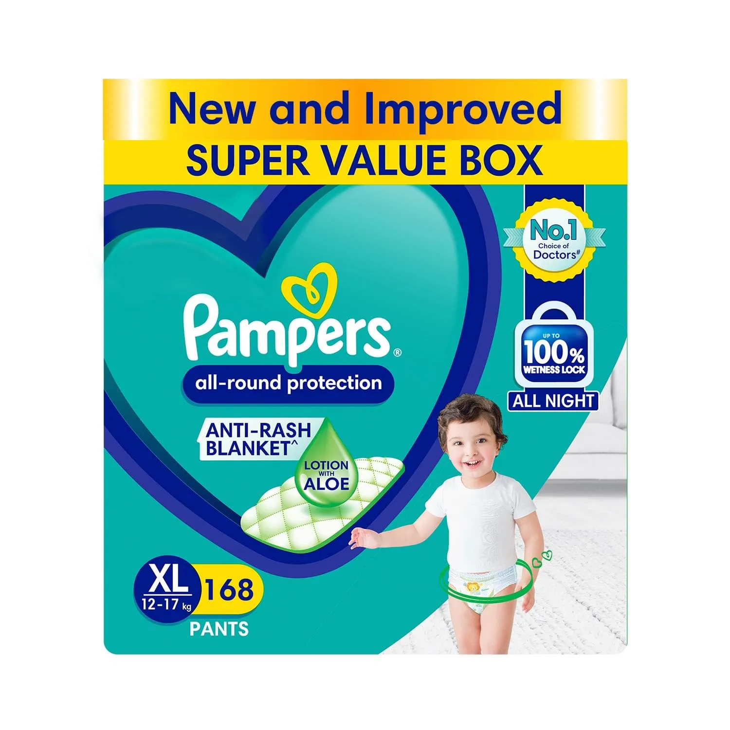 Pampers All round Protection Pants Style Baby Diapers, X-Large (XL) Size, 168 Count, Anti Rash Blanket, Lotion with Aloe Vera, 12-17kg Diapers