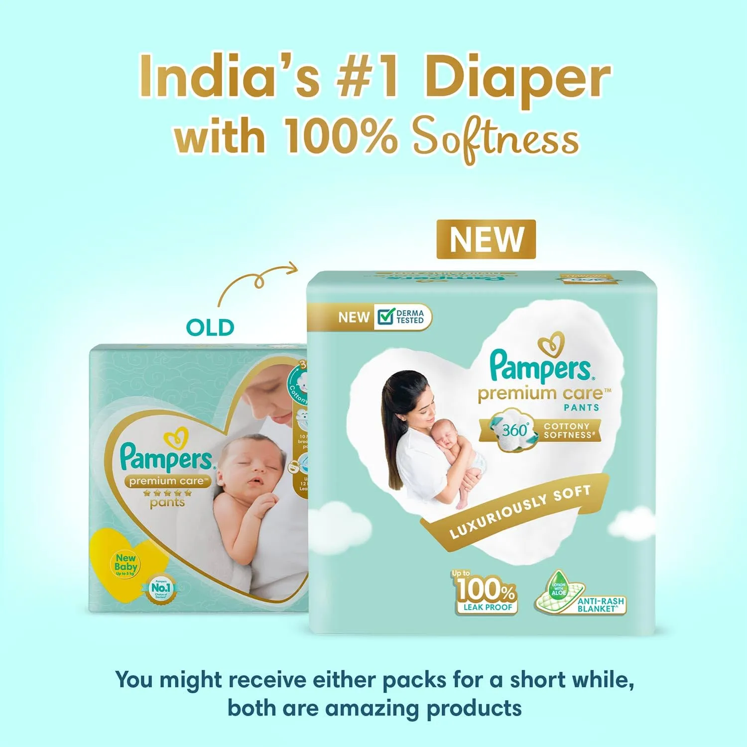 Pampers Premium Care Pant Style Baby Diapers, New Born/X-Small (NB/XS), 24 Count, All -in-1 Diapers with 360 Cottony Softness, Upto 5 Kg Diapers