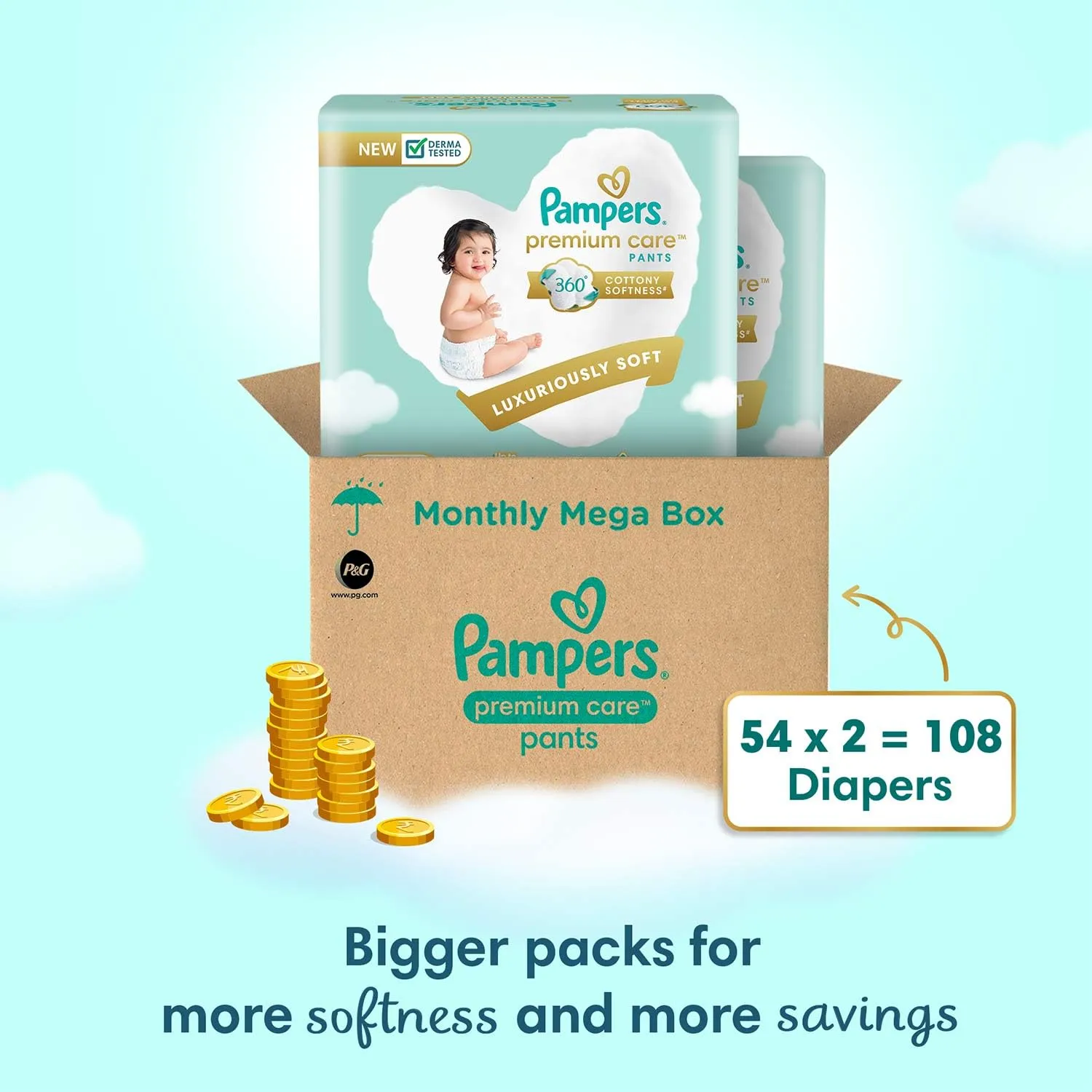 Pampers Premium Care Pants Style Baby Diapers, Medium (M) Size, 108 Count, All-in-1 Diapers with 360 Cottony Softness, 7-12kg Diapers