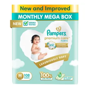 Pampers Premium Care Pants Style Baby Diapers, Medium (M) Size, 108 Count, All-in-1 Diapers with 360 Cottony Softness, 7-12kg Diapers