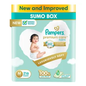 Pampers Premium Care Pants Style Baby Diapers, Medium (M) Size, 216 Count, All-in-1 Diapers with 360 Cottony Softness, 7-12kg Diapers