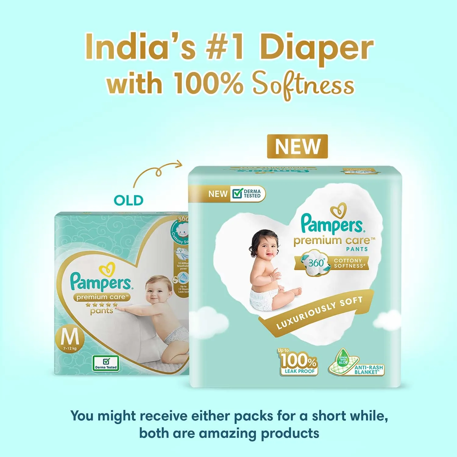 Pampers Premium Care Pants Style Baby Diapers, Medium (M) Size, 216 Count, All-in-1 Diapers with 360 Cottony Softness, 7-12kg Diapers