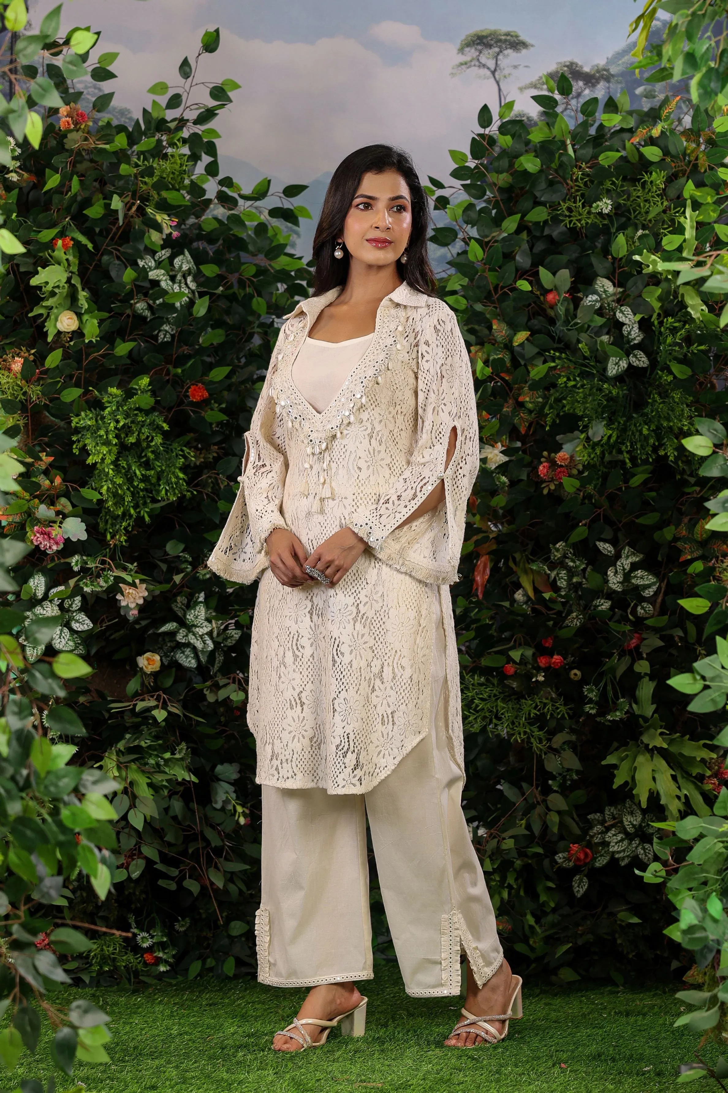 Pastel Cream Embroidered Belgium Net Kurta Set