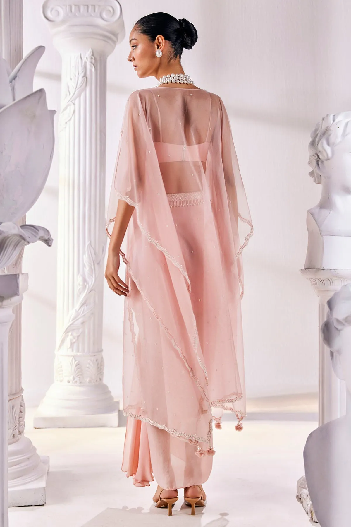 Peach Draped Skirt & Cape Set