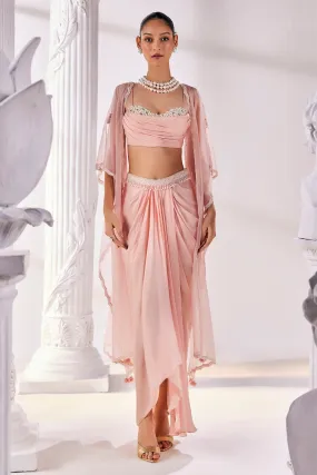 Peach Draped Skirt & Cape Set