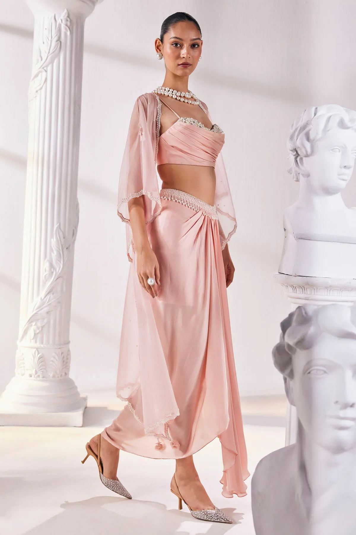 Peach Draped Skirt & Cape Set