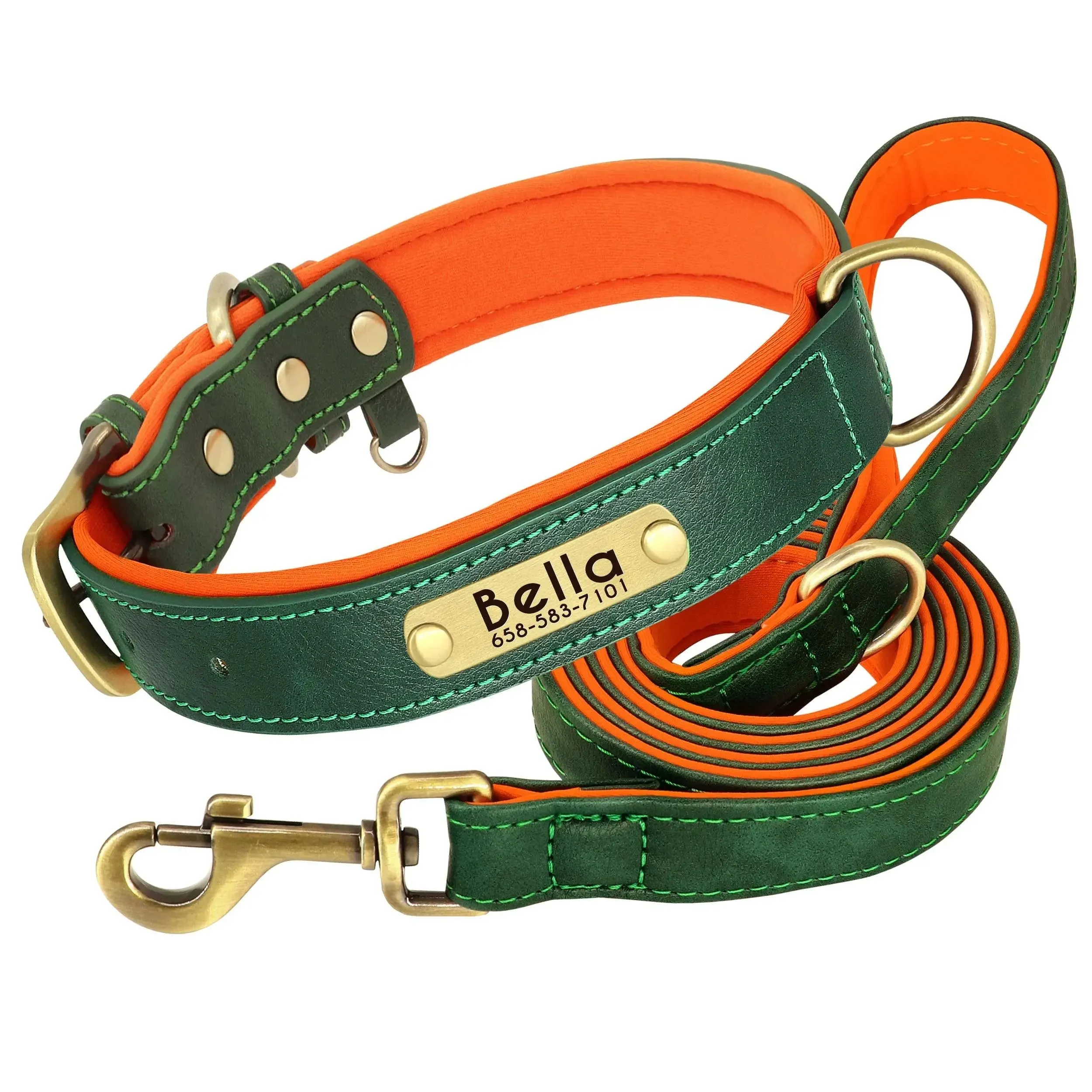 Personalized Leather Dog Collar Leash Set