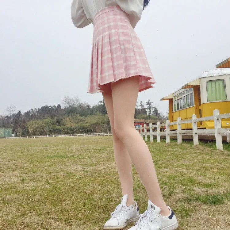 Pink Blue Gray High Waist Plaid Mini Short Tennis Skirt