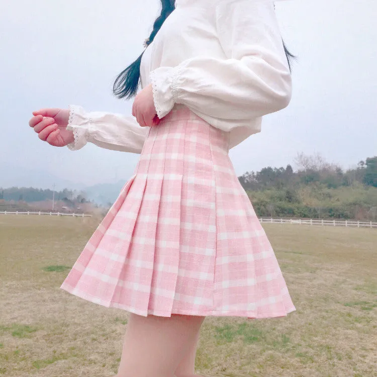 Pink Blue Gray High Waist Plaid Mini Short Tennis Skirt