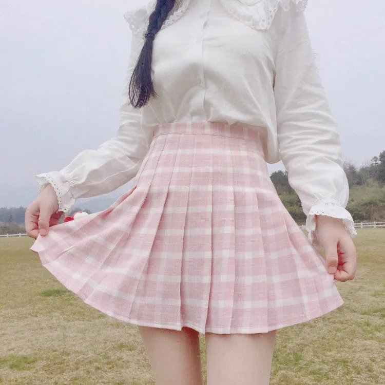 Pink Blue Gray High Waist Plaid Mini Short Tennis Skirt