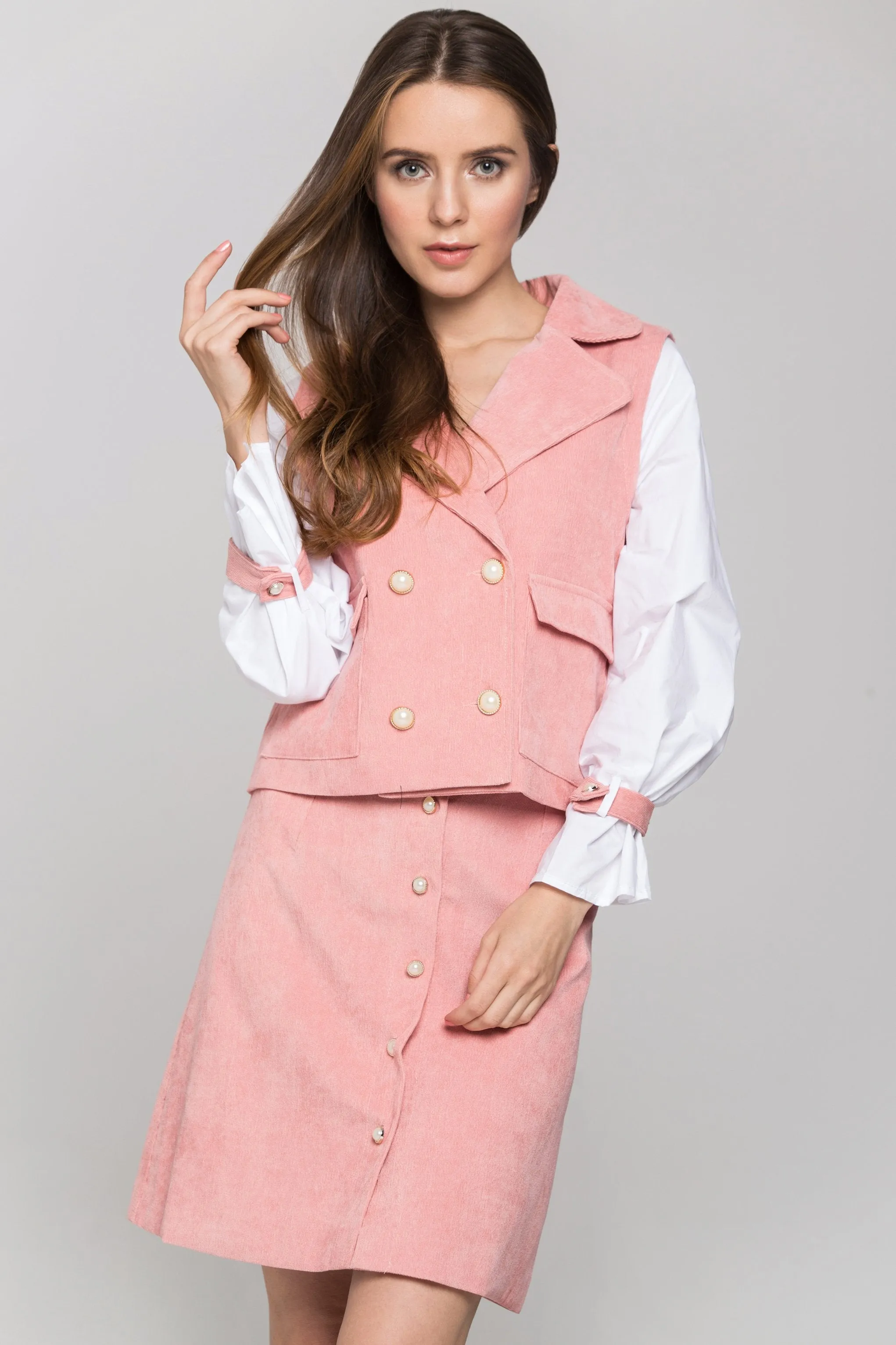 Pink Chord and White Sleeves Blazer and Skirt Set