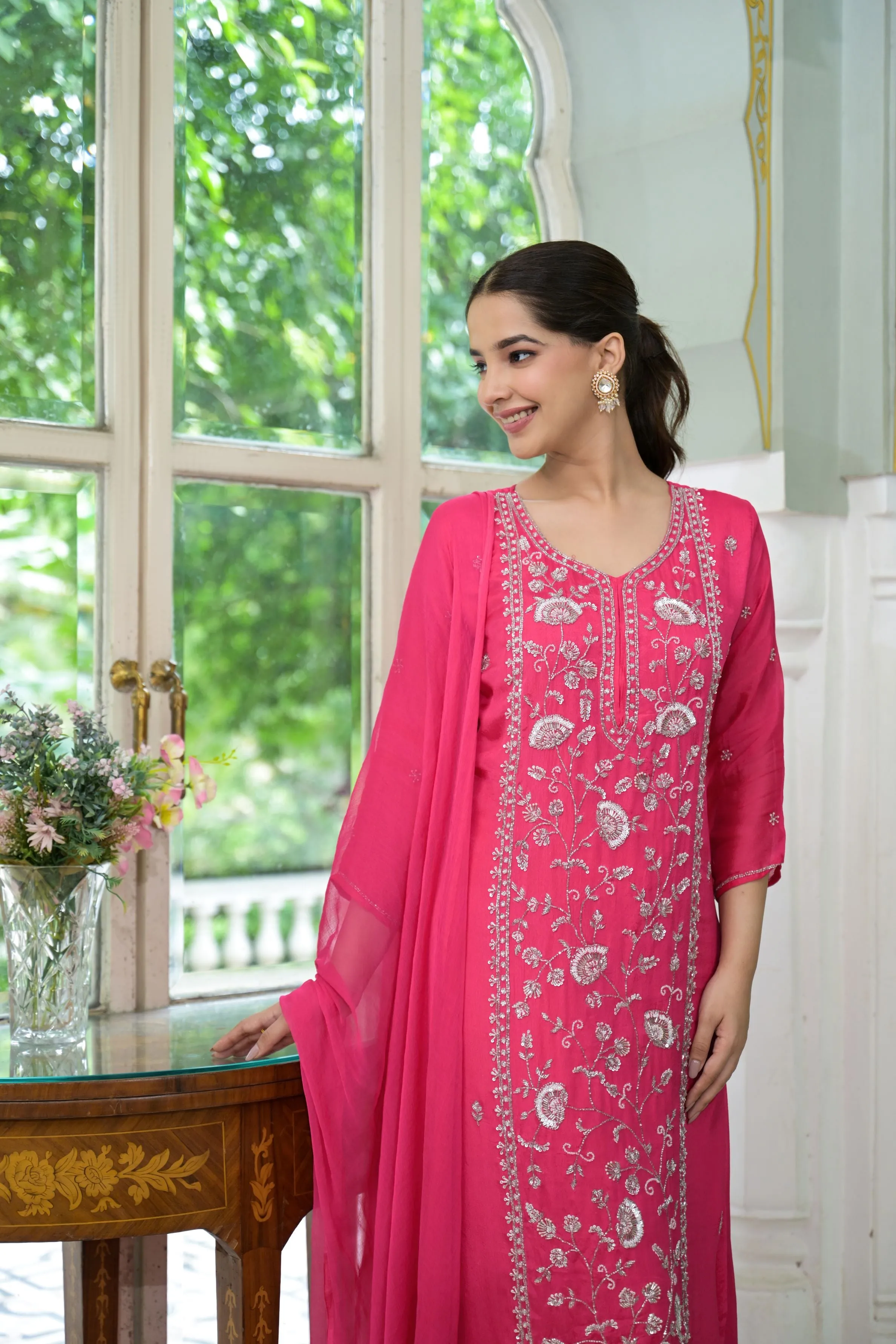 Pink Embellished Chinon Silk Palazzo Set