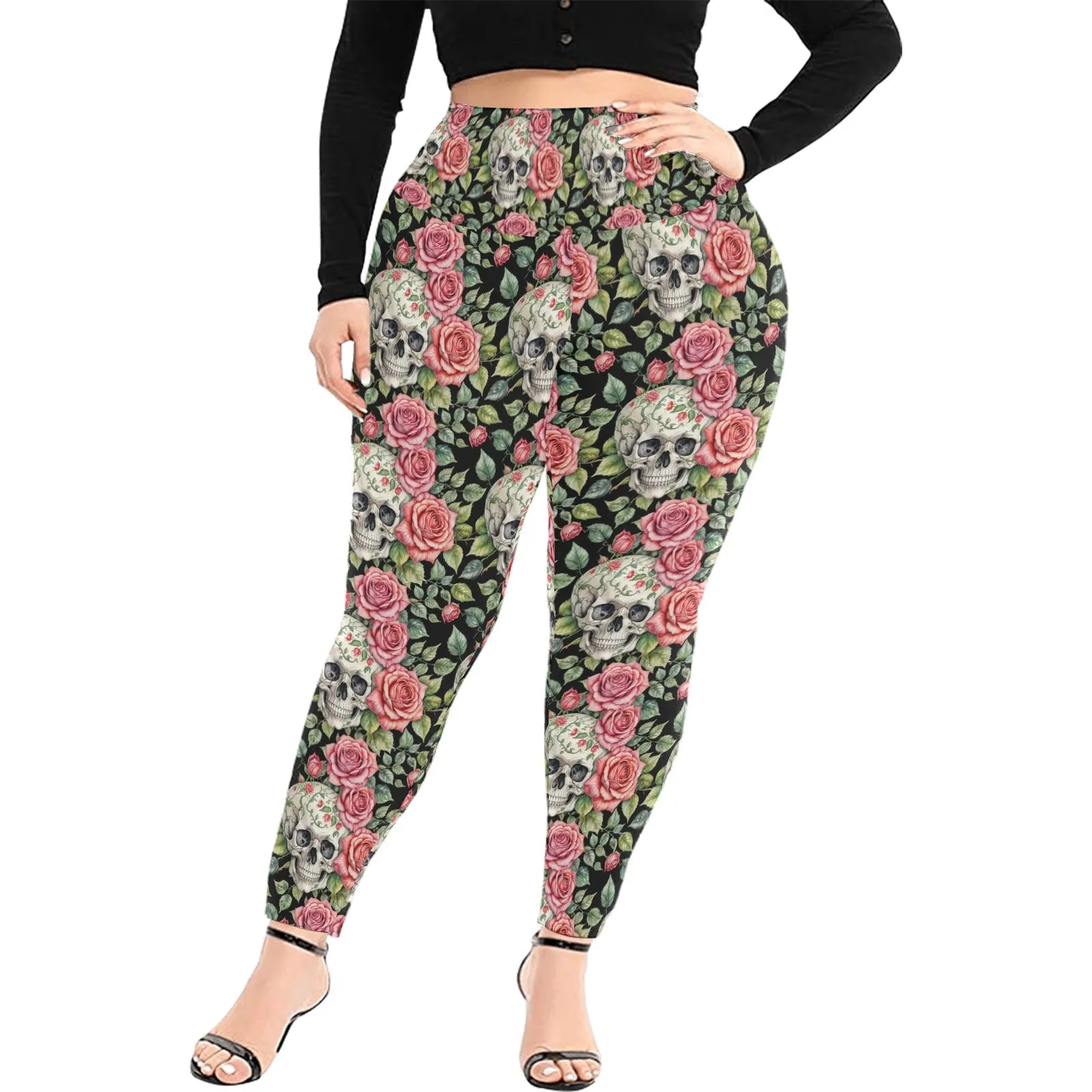 Pink Skulls Women's Plus Size High Waited Leggings Women's High Waist Leggings(Plus Size)(ModelL45)