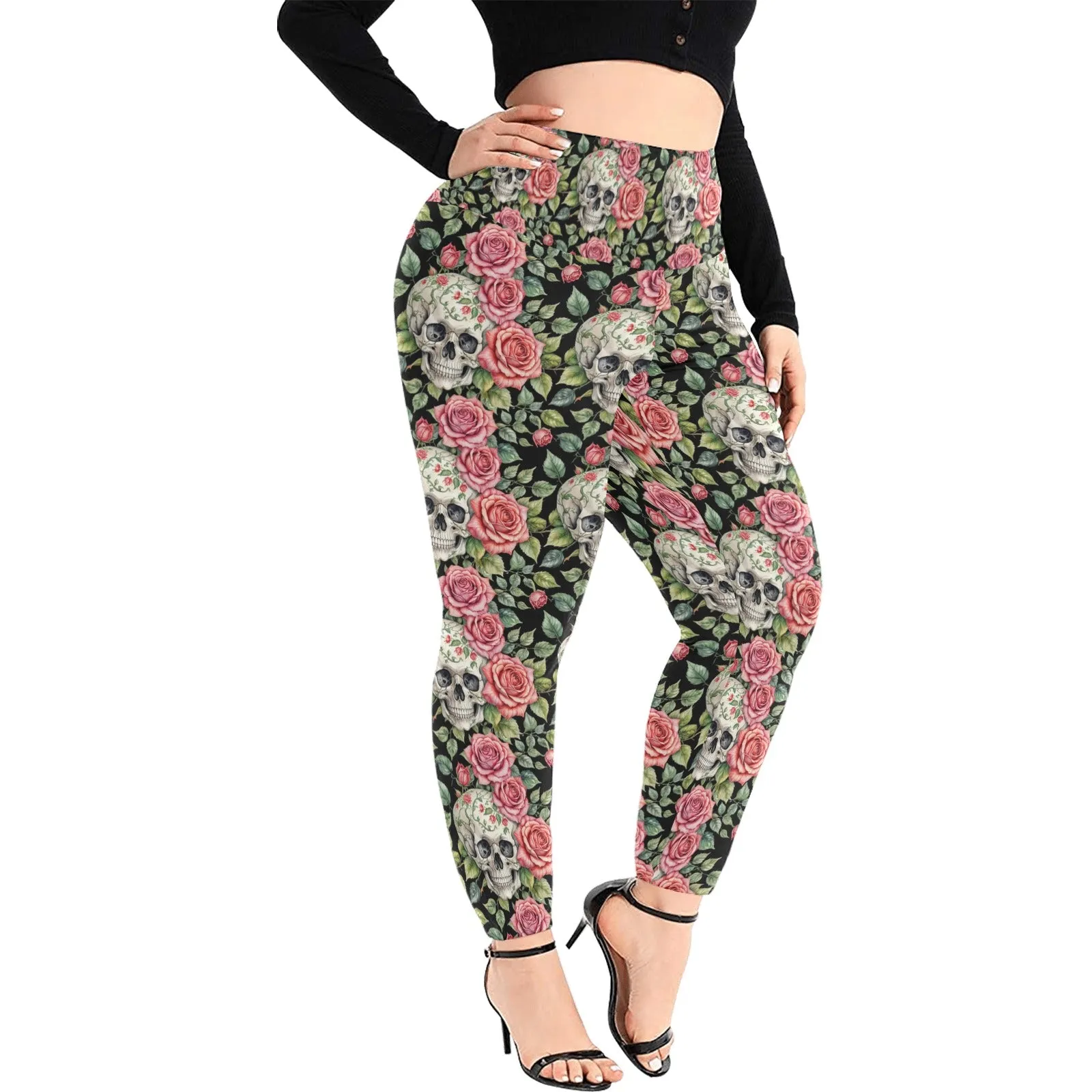 Pink Skulls Women's Plus Size High Waited Leggings Women's High Waist Leggings(Plus Size)(ModelL45)