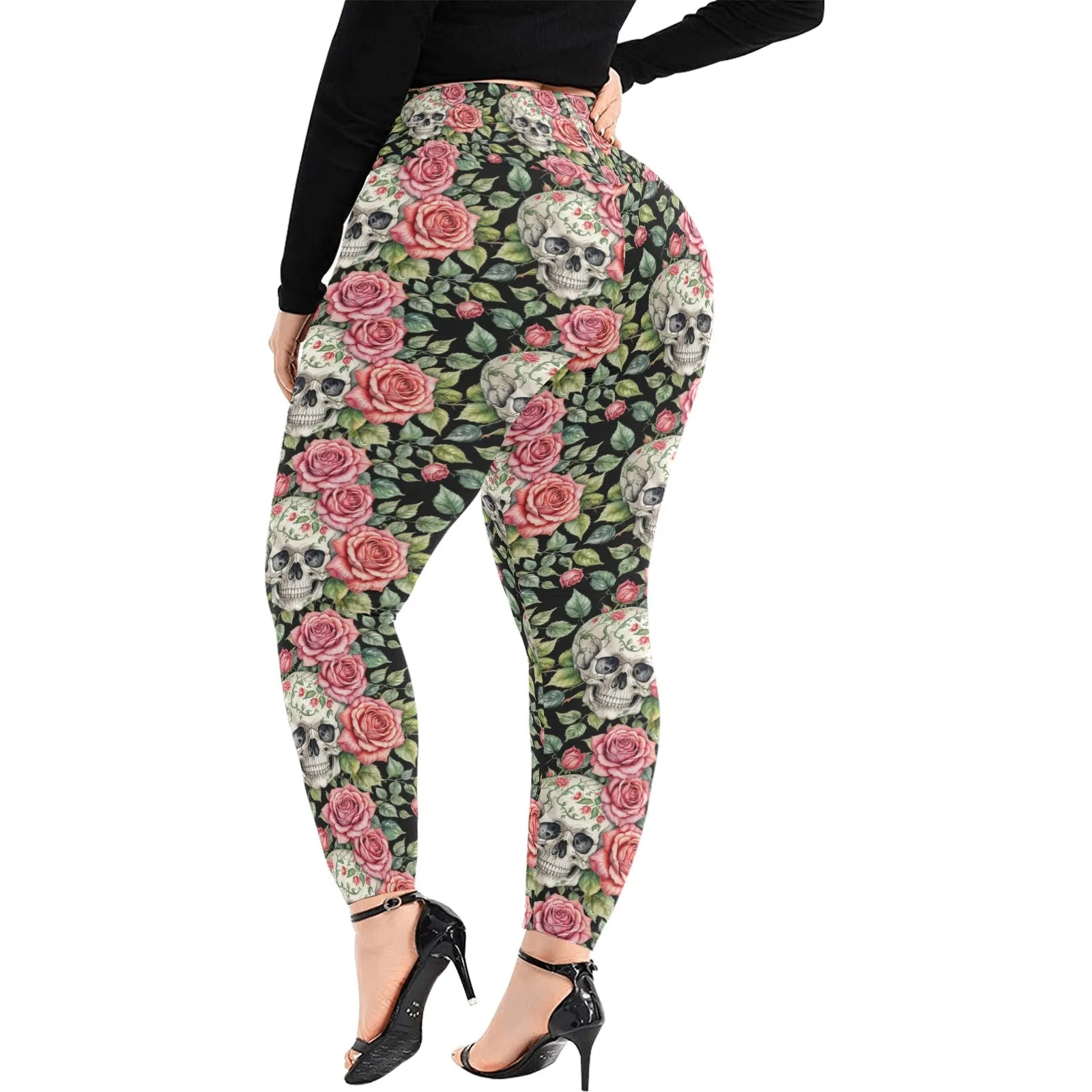 Pink Skulls Women's Plus Size High Waited Leggings Women's High Waist Leggings(Plus Size)(ModelL45)