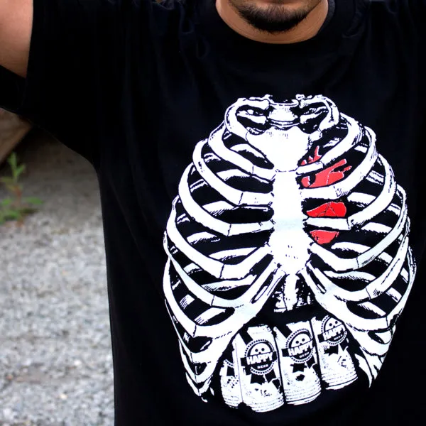 Pins & Bones Skeleton Shirt, Skeleton Bones, Skeleton Ribs, Cool T-Shirt with a Beer 6-Pack, Black Graphic Tee