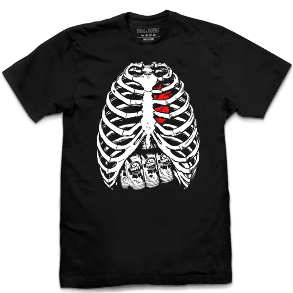 Pins & Bones Skeleton Shirt, Skeleton Bones, Skeleton Ribs, Cool T-Shirt with a Beer 6-Pack, Black Graphic Tee