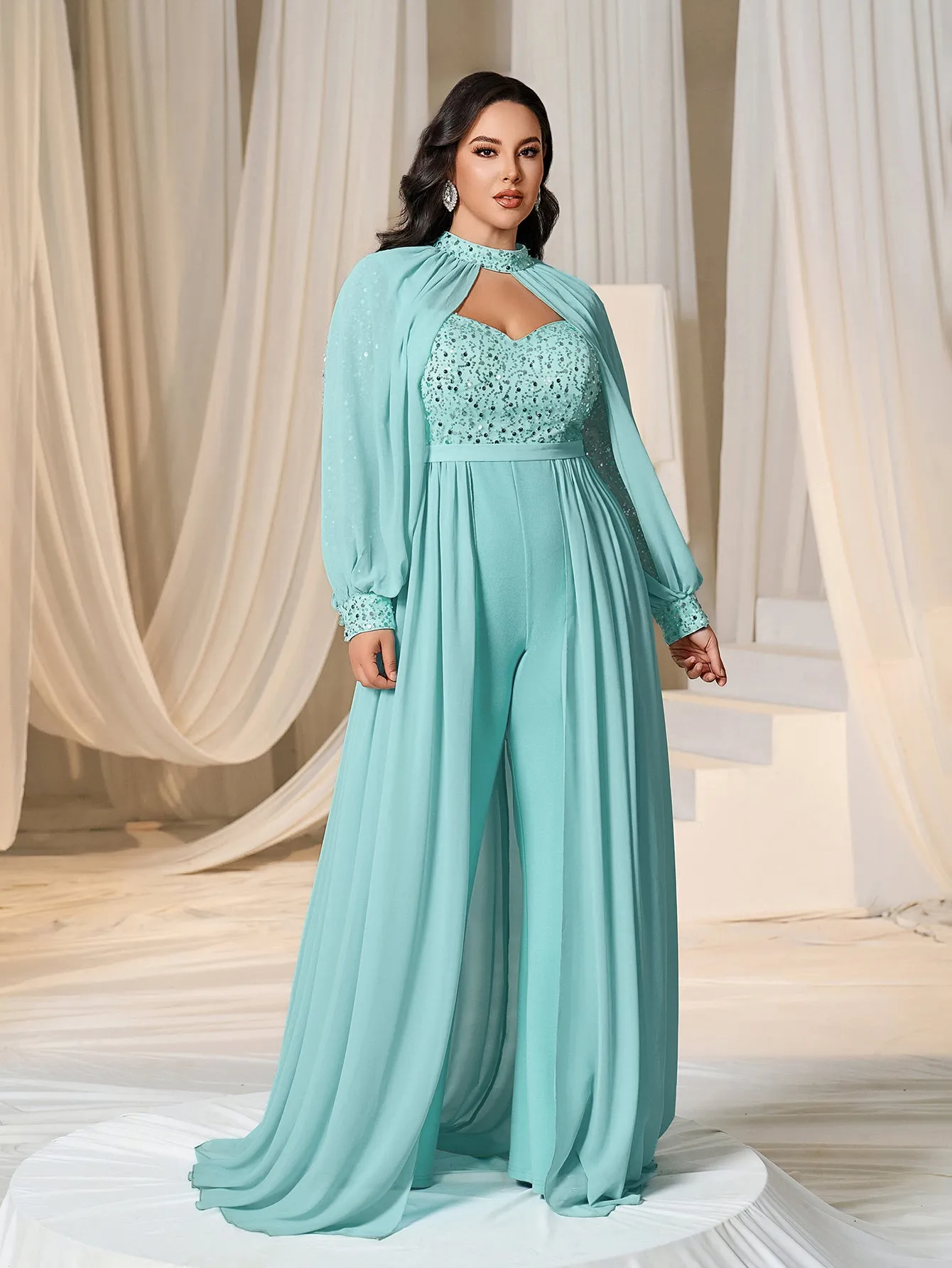 Plus Lantern Sleeves Chiffon Overlay Sequin Party Jumpsuit