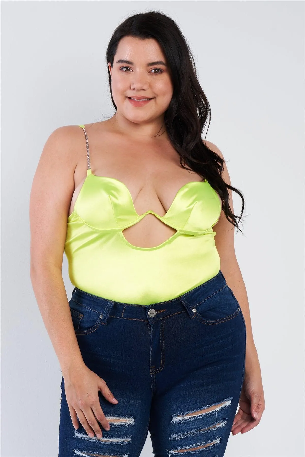 Plus Size Yellow Silk Chain Strap Thong Bodysuit